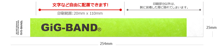 GiG-BAND® 合成紙 全体イメージ 長さ250mm、幅25mm。印刷範囲16x100mm。